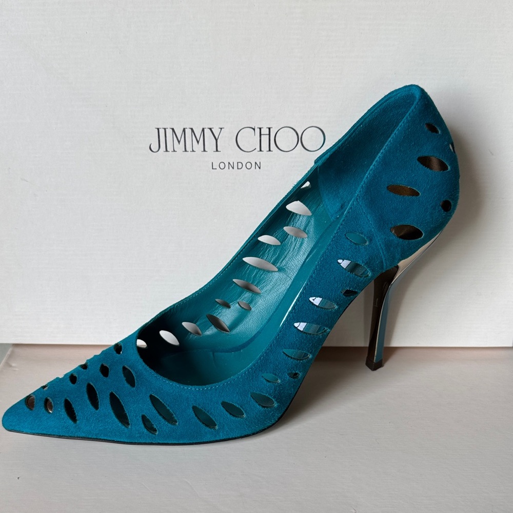 Jimmy Choo Teal Suede Cutout Pointed-Toe Pumps